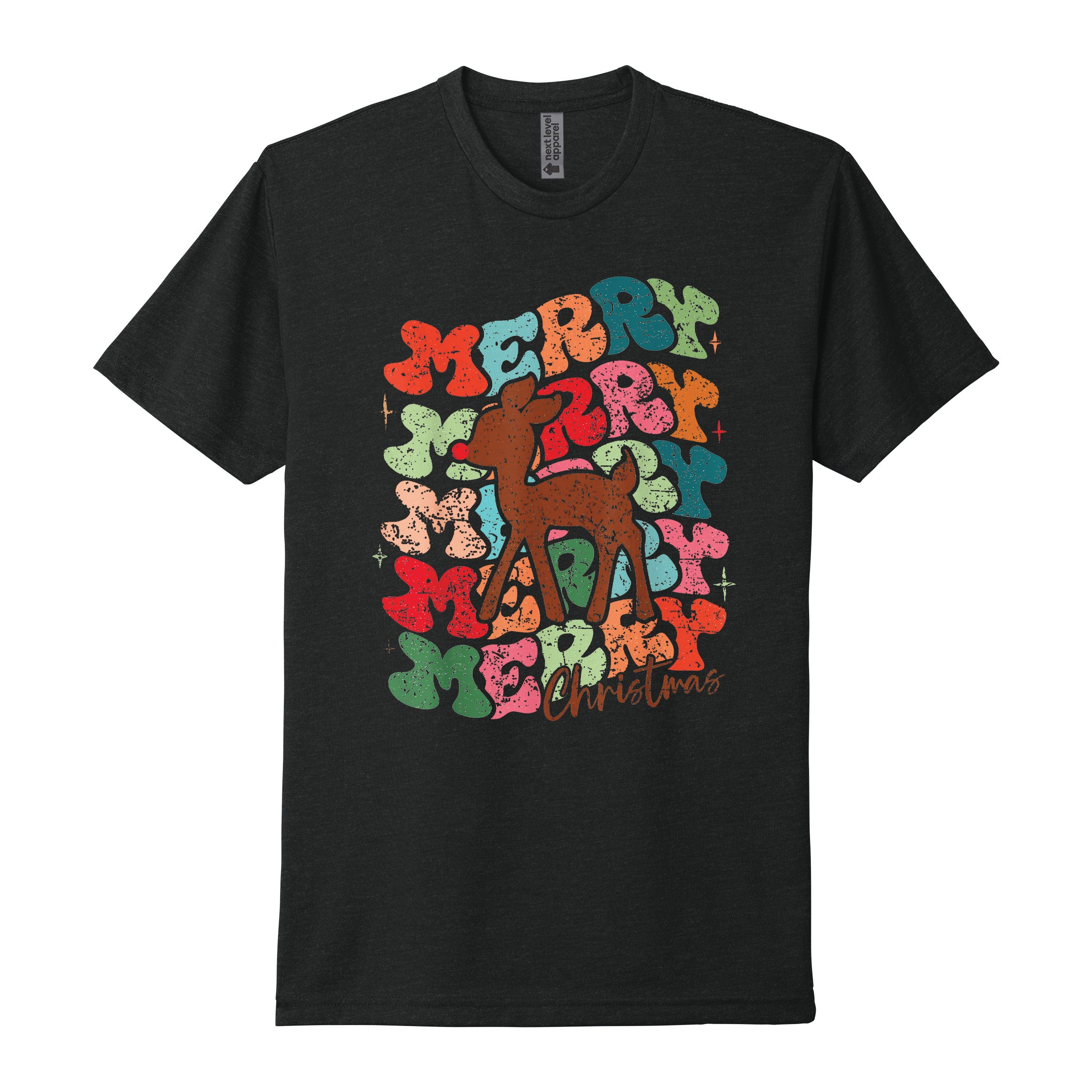 Merry Merry Merry Christmas Reindeer Tee — Soft CVC Holiday T-Shirt