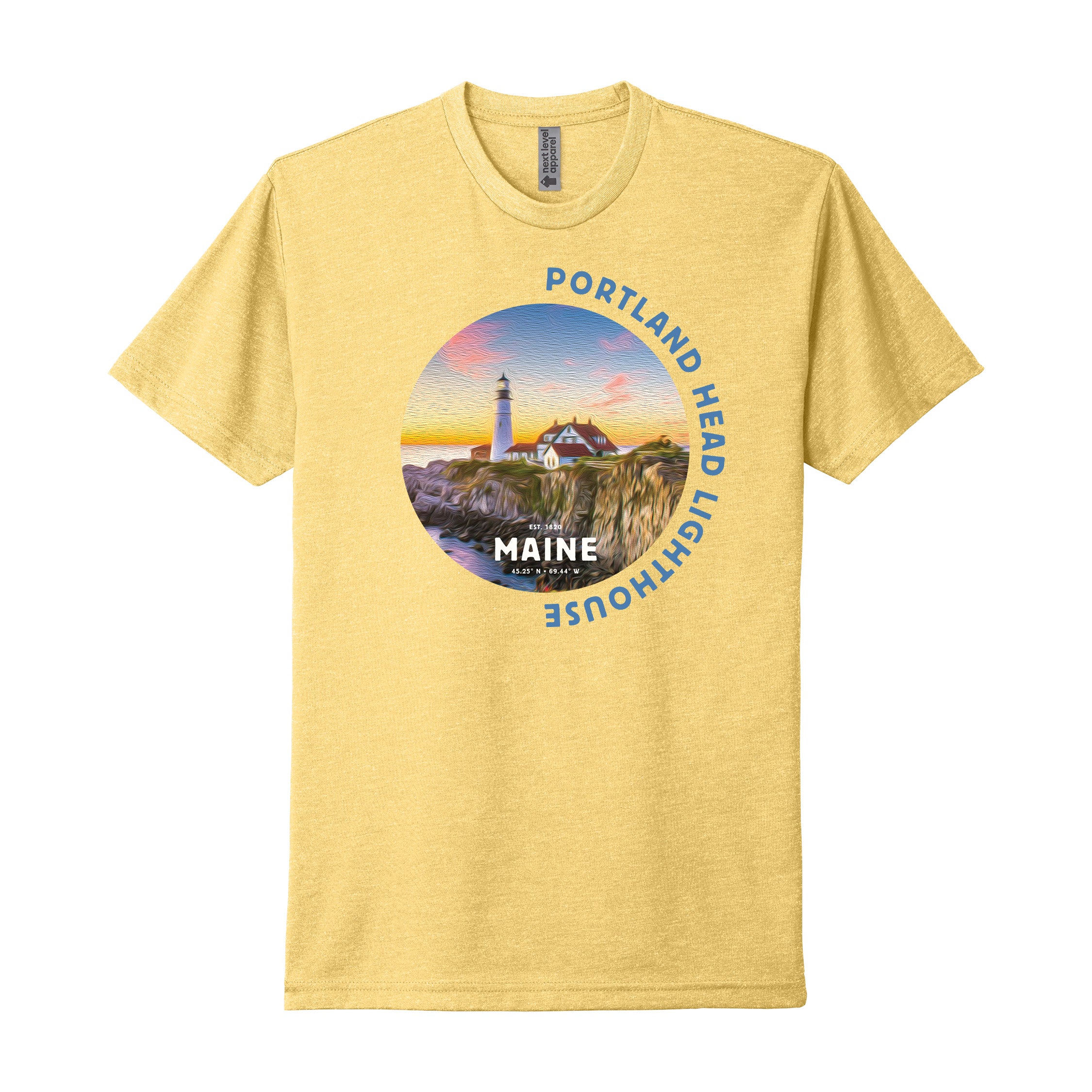 Oil Painted Maine Lighthouse Tee — Soft CVC Coastal T-Shirt (Large Front Graphic)