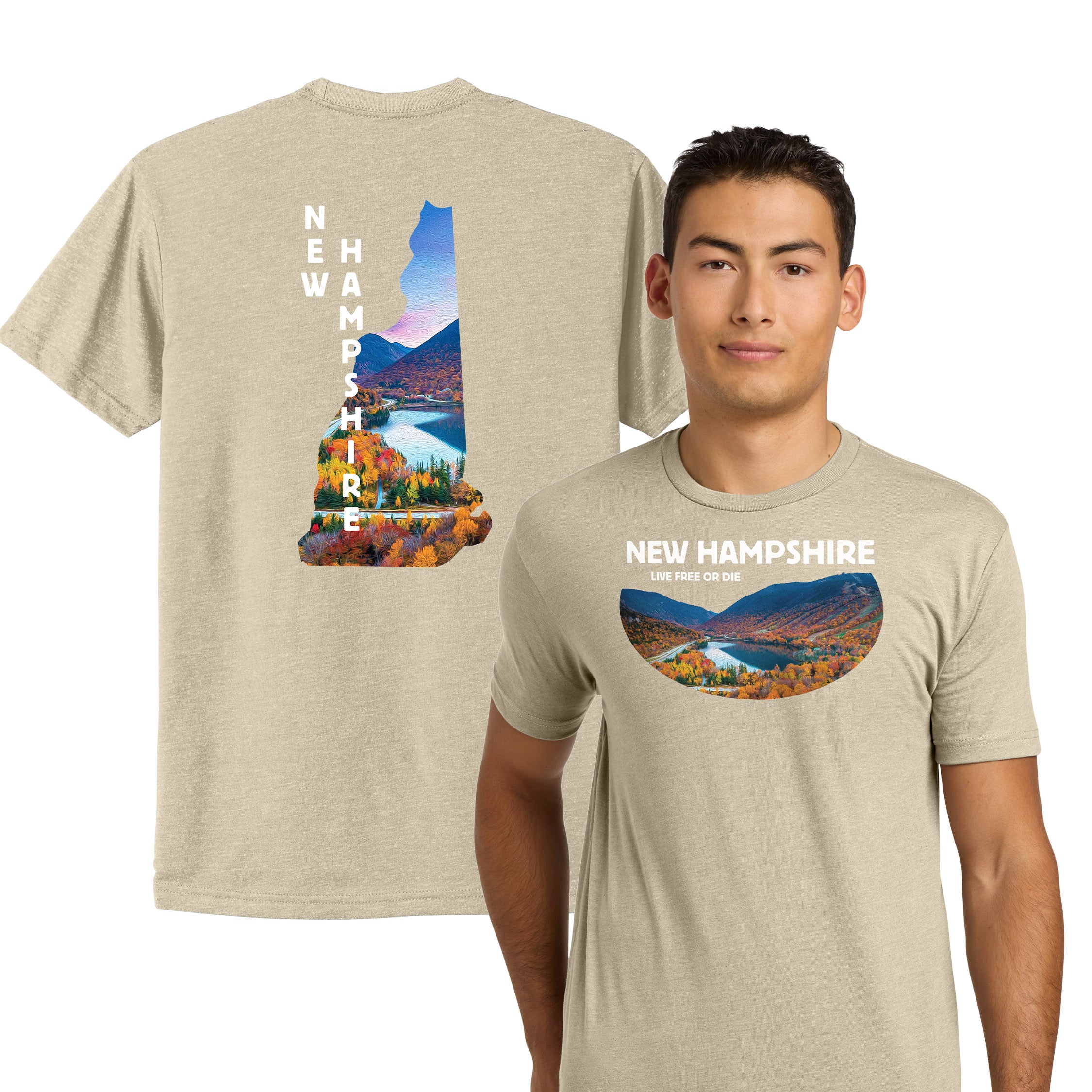 Oil Painted New Hampshire Mountains Tee — Soft CVC Fall Scenic T-Shirt Front + Back