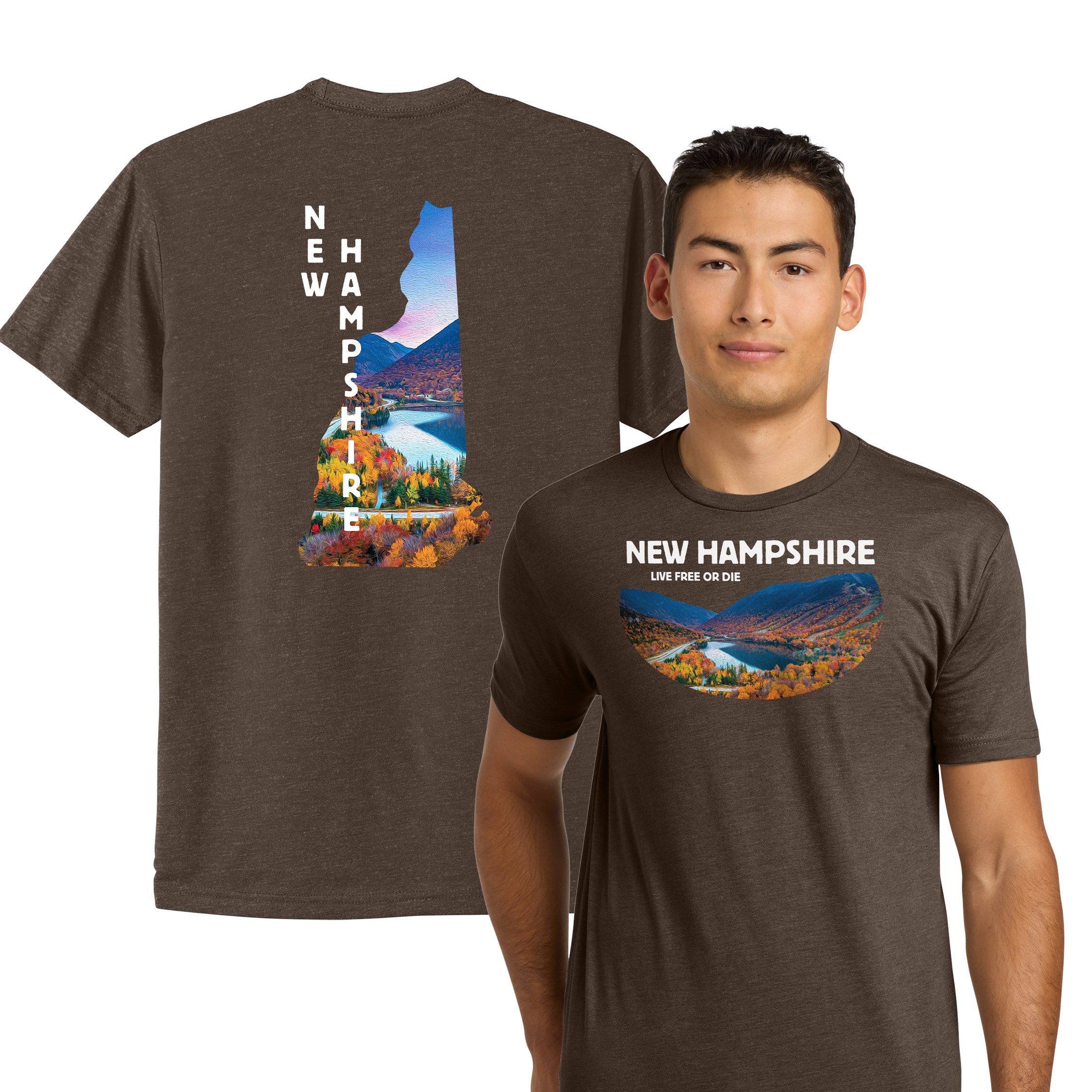 Oil Painted New Hampshire Mountains Tee — Soft CVC Fall Scenic T-Shirt Front + Back