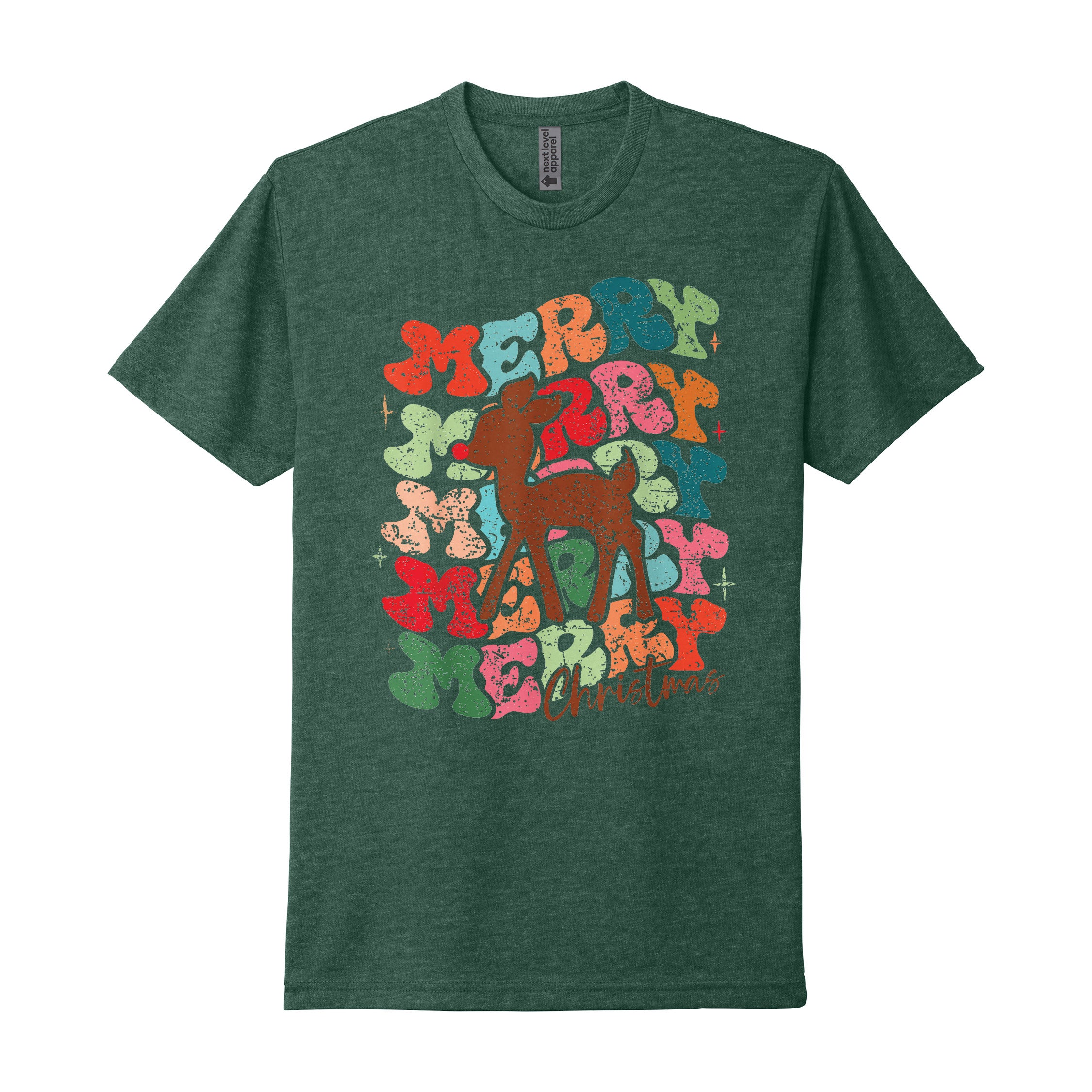 Merry Merry Merry Christmas Reindeer Tee — Soft CVC Holiday T-Shirt