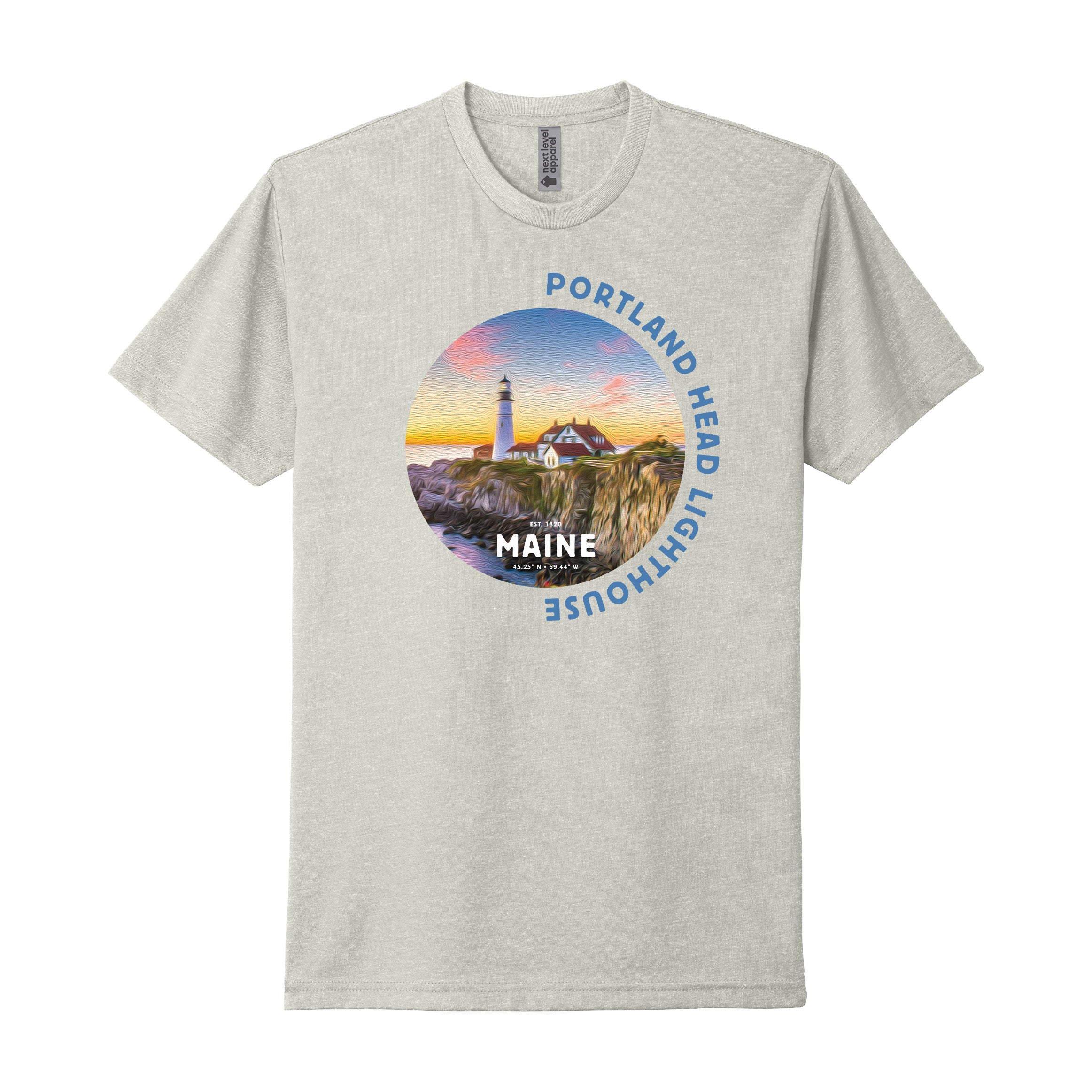 Oil Painted Maine Lighthouse Tee — Soft CVC Coastal T-Shirt (Large Front Graphic)