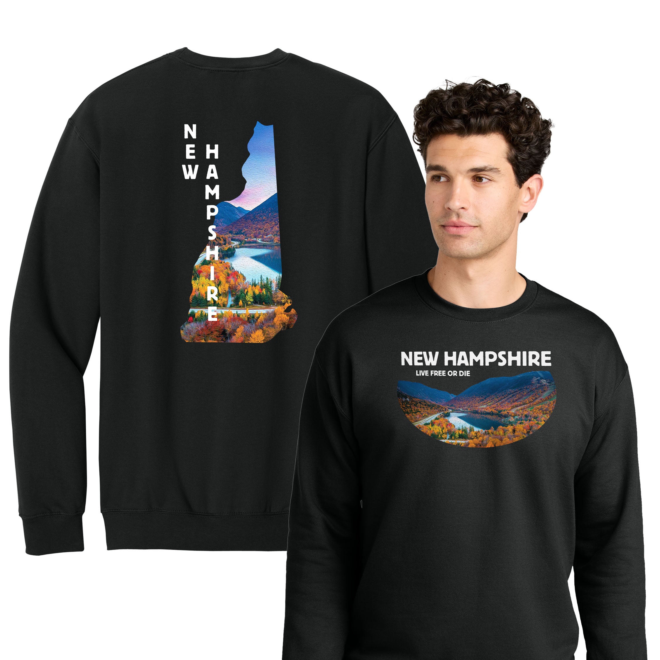 Oil Painted New Hampshire Mountains Crew — Fall Scenic Crewneck Front + Back