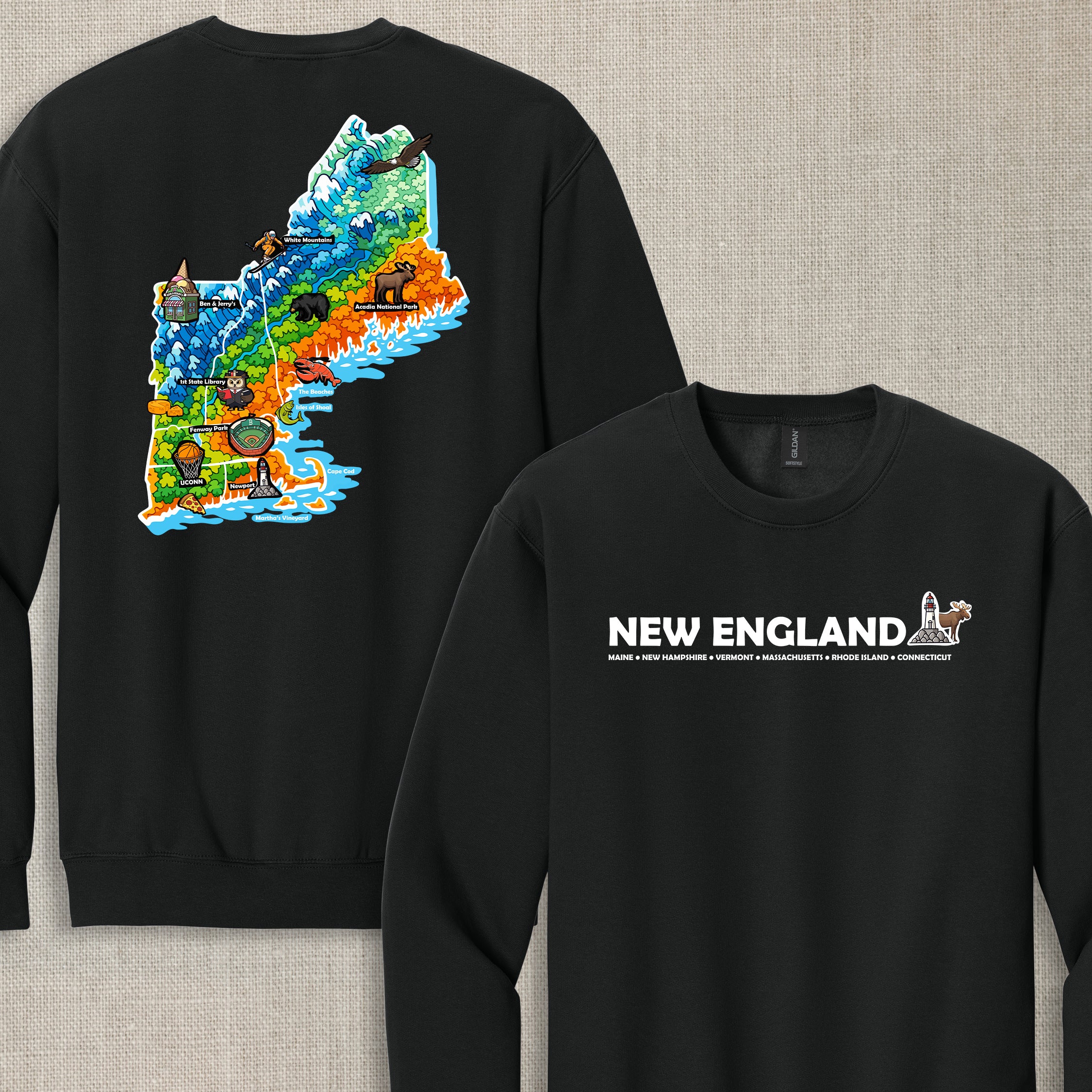 New England Map Crewneck — Regional Landmark Graphic Sweatshirt