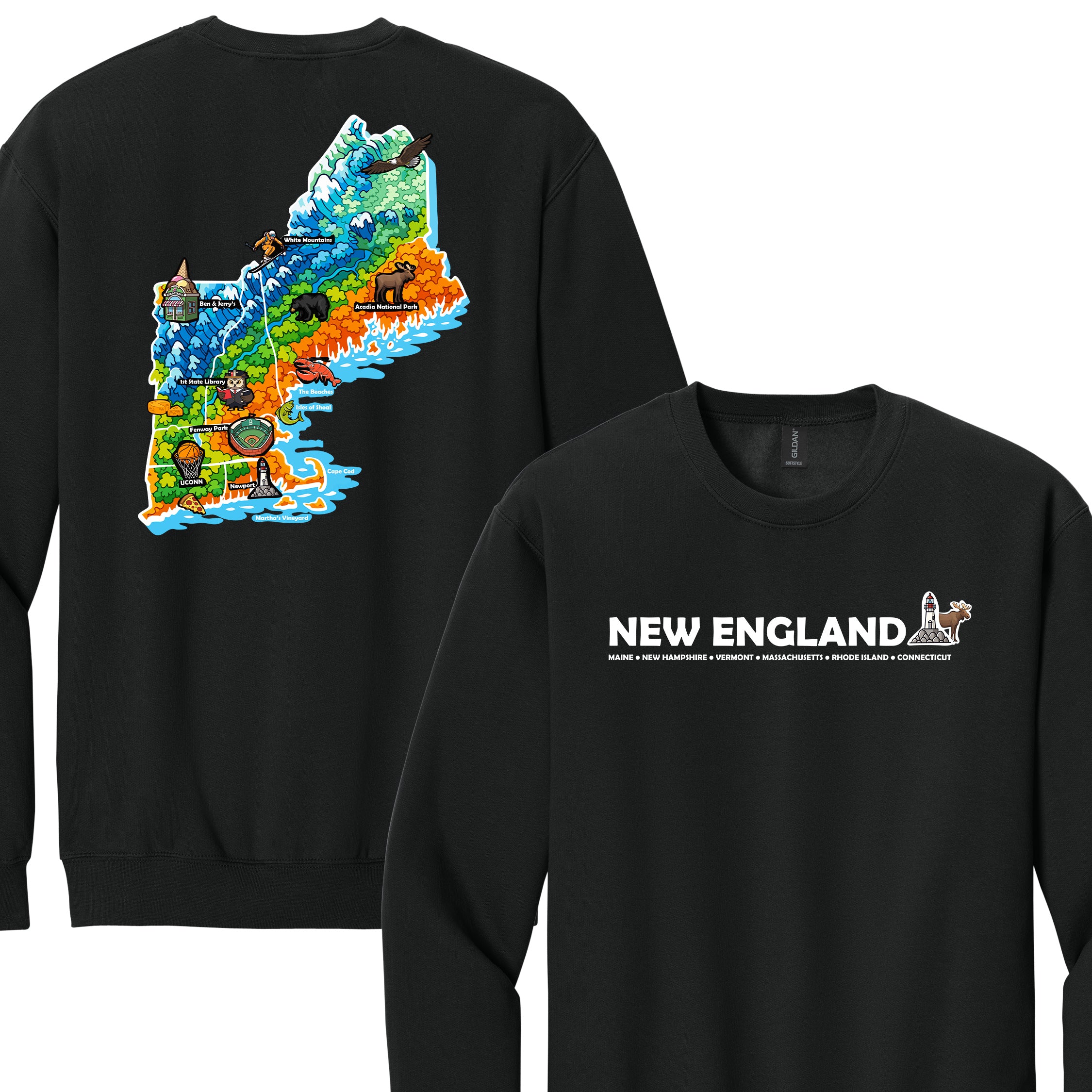 New England Map Crewneck — Regional Landmark Graphic Sweatshirt
