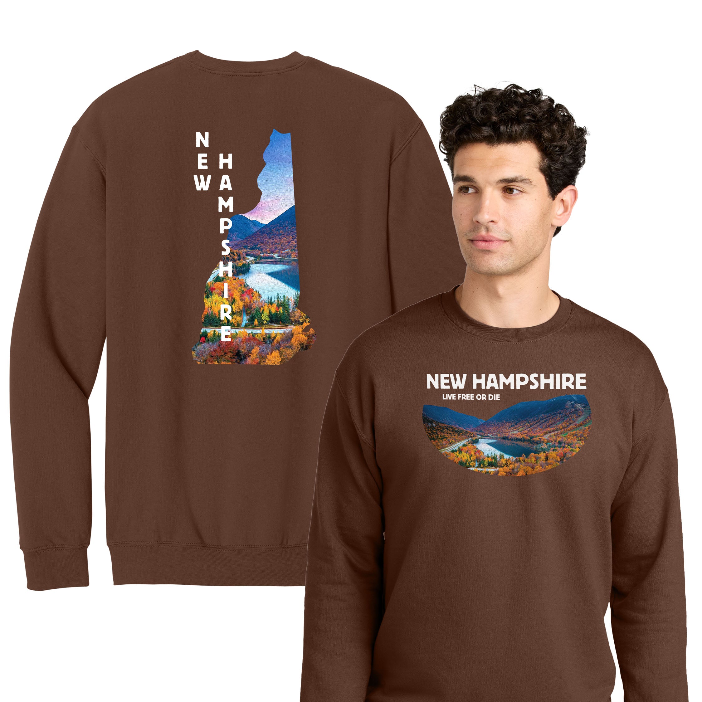 Oil Painted New Hampshire Mountains Crew — Fall Scenic Crewneck Front + Back