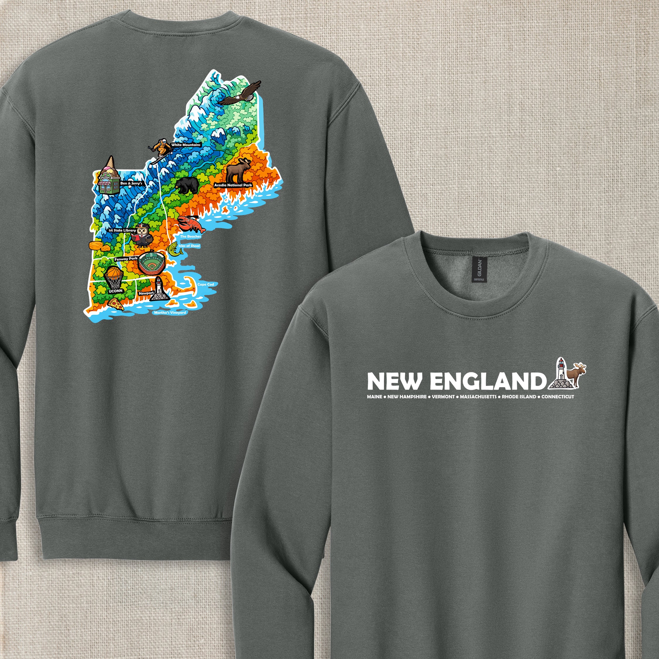 New England Map Crewneck — Regional Landmark Graphic Sweatshirt
