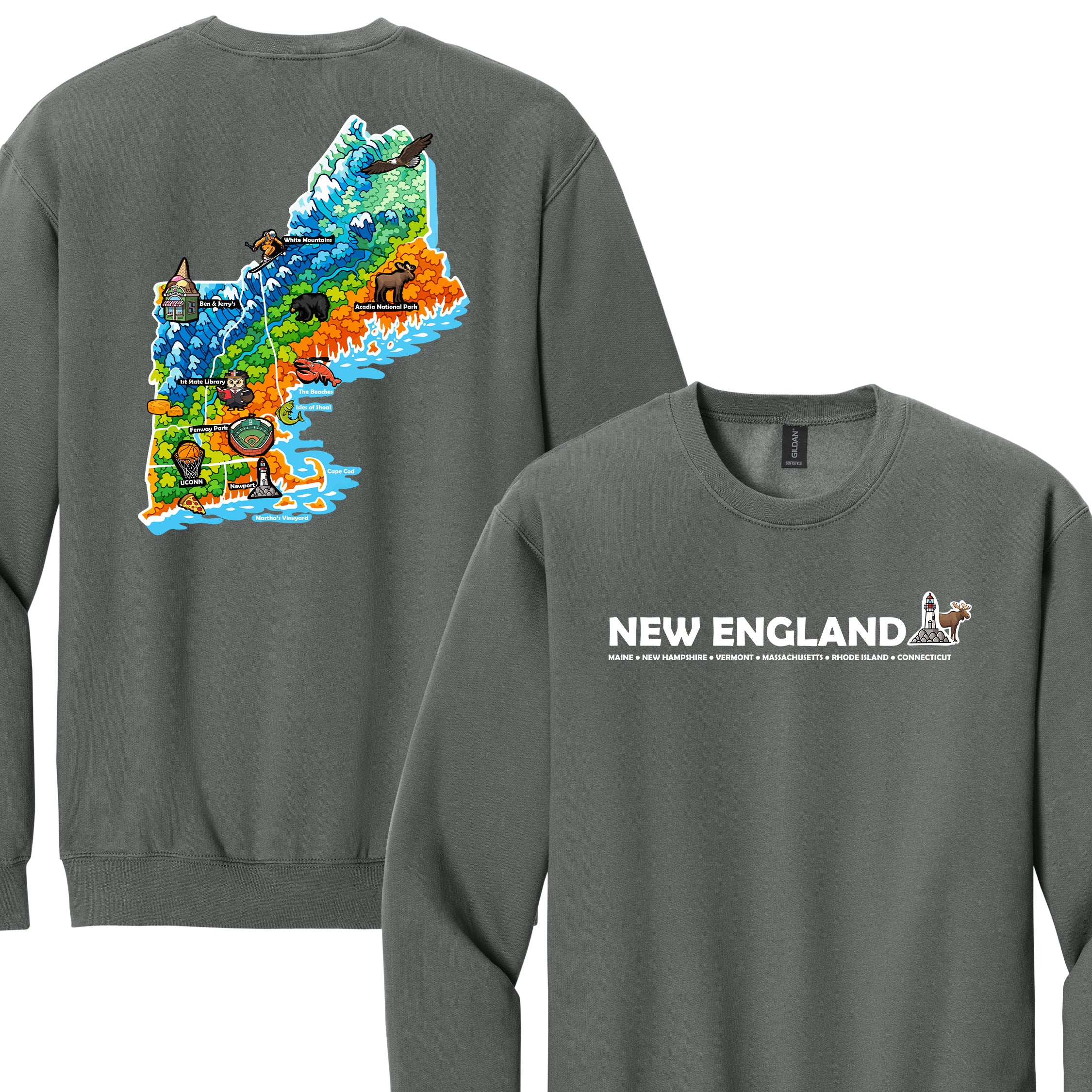 New England Map Crewneck — Regional Landmark Graphic Sweatshirt