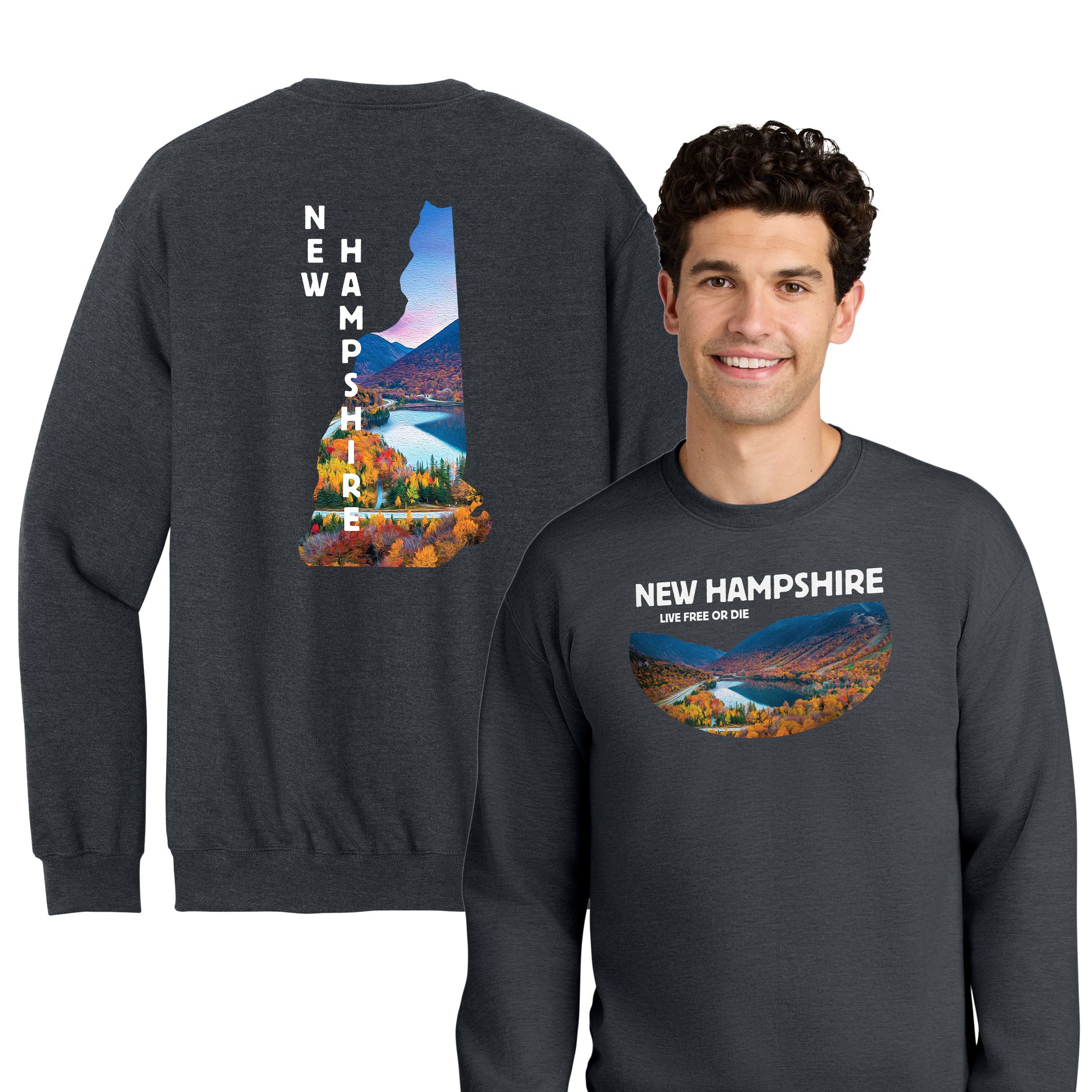 Oil Painted New Hampshire Mountains Crew — Fall Scenic Crewneck Front + Back