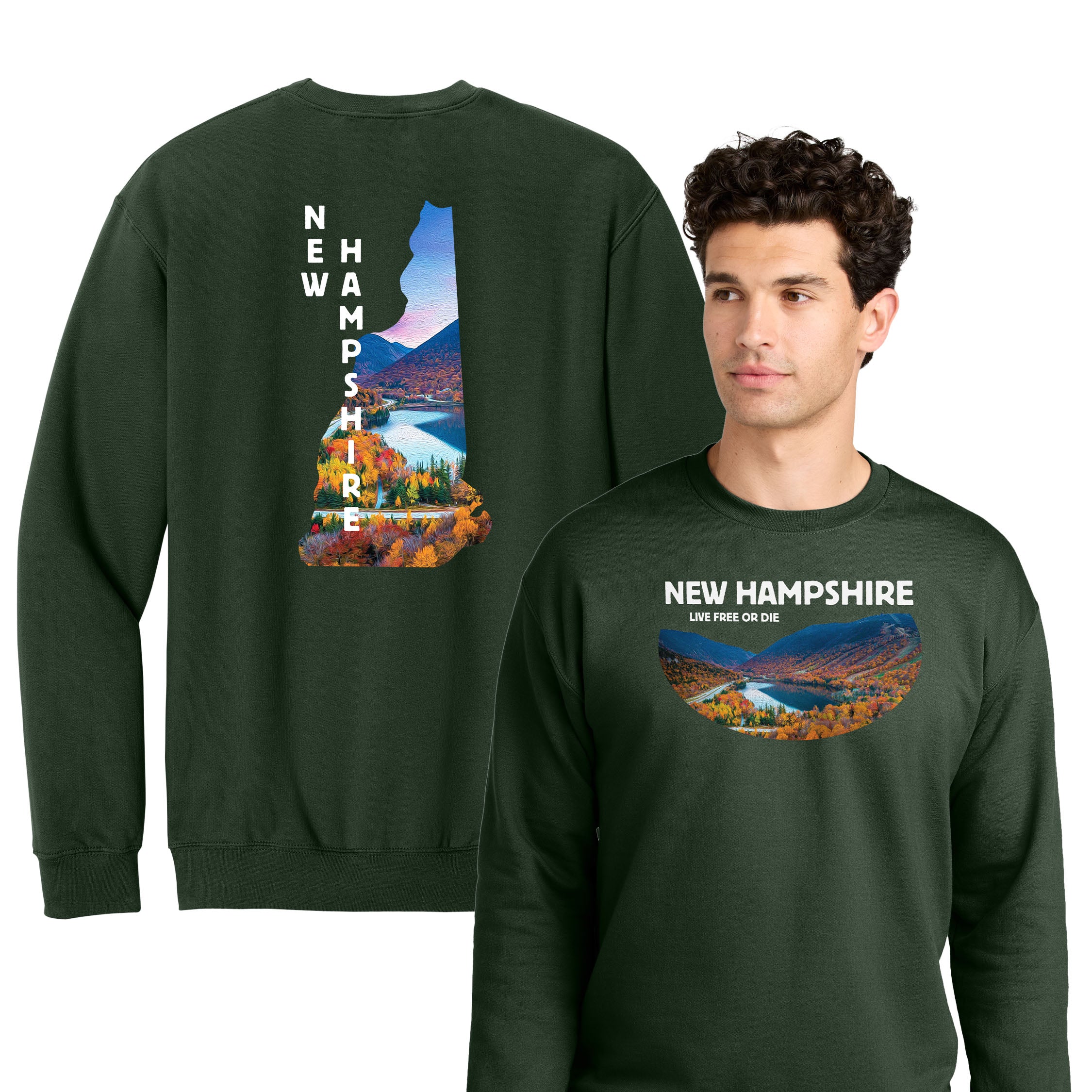Oil Painted New Hampshire Mountains Crew — Fall Scenic Crewneck Front + Back