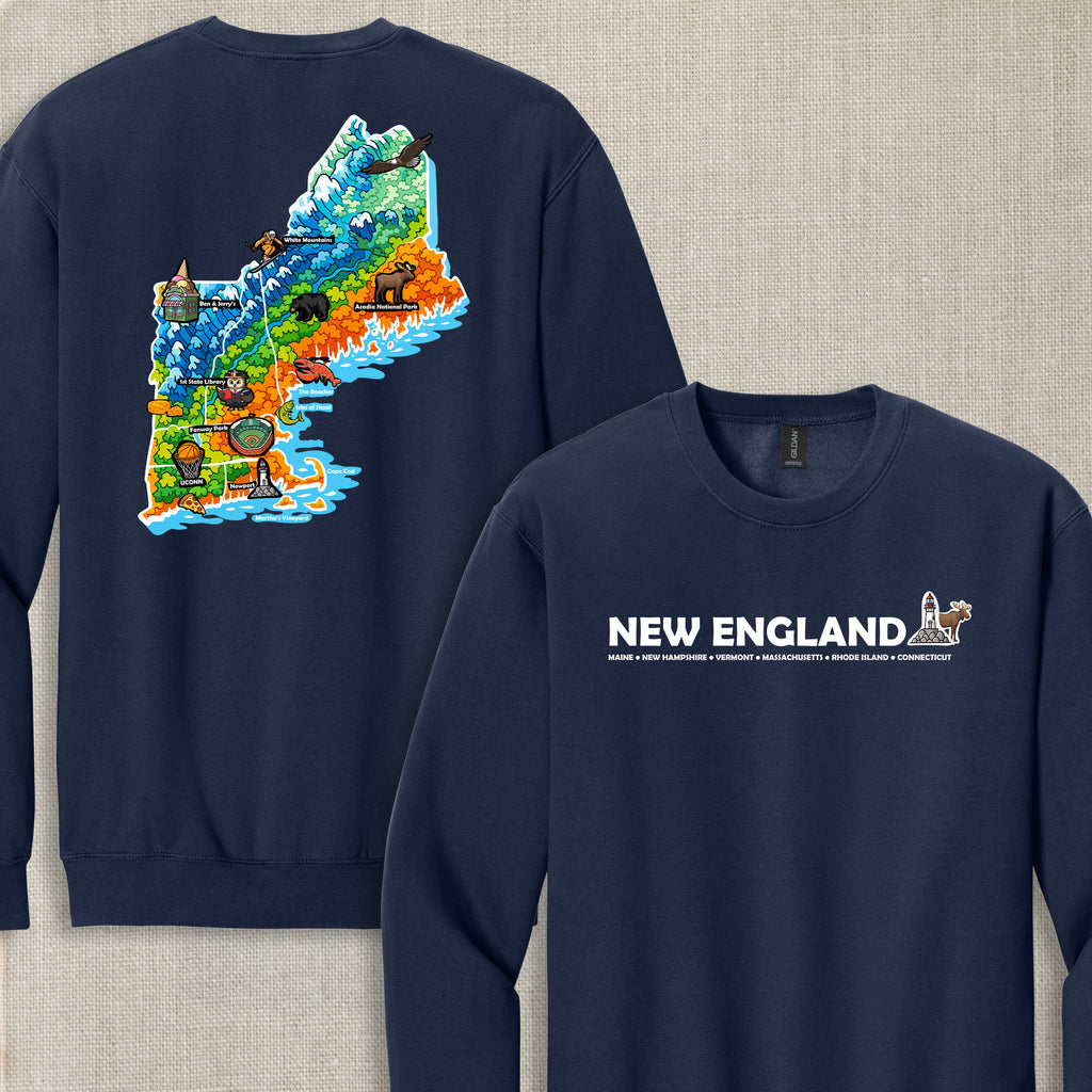New England Map Crewneck — Regional Landmark Graphic Sweatshirt
