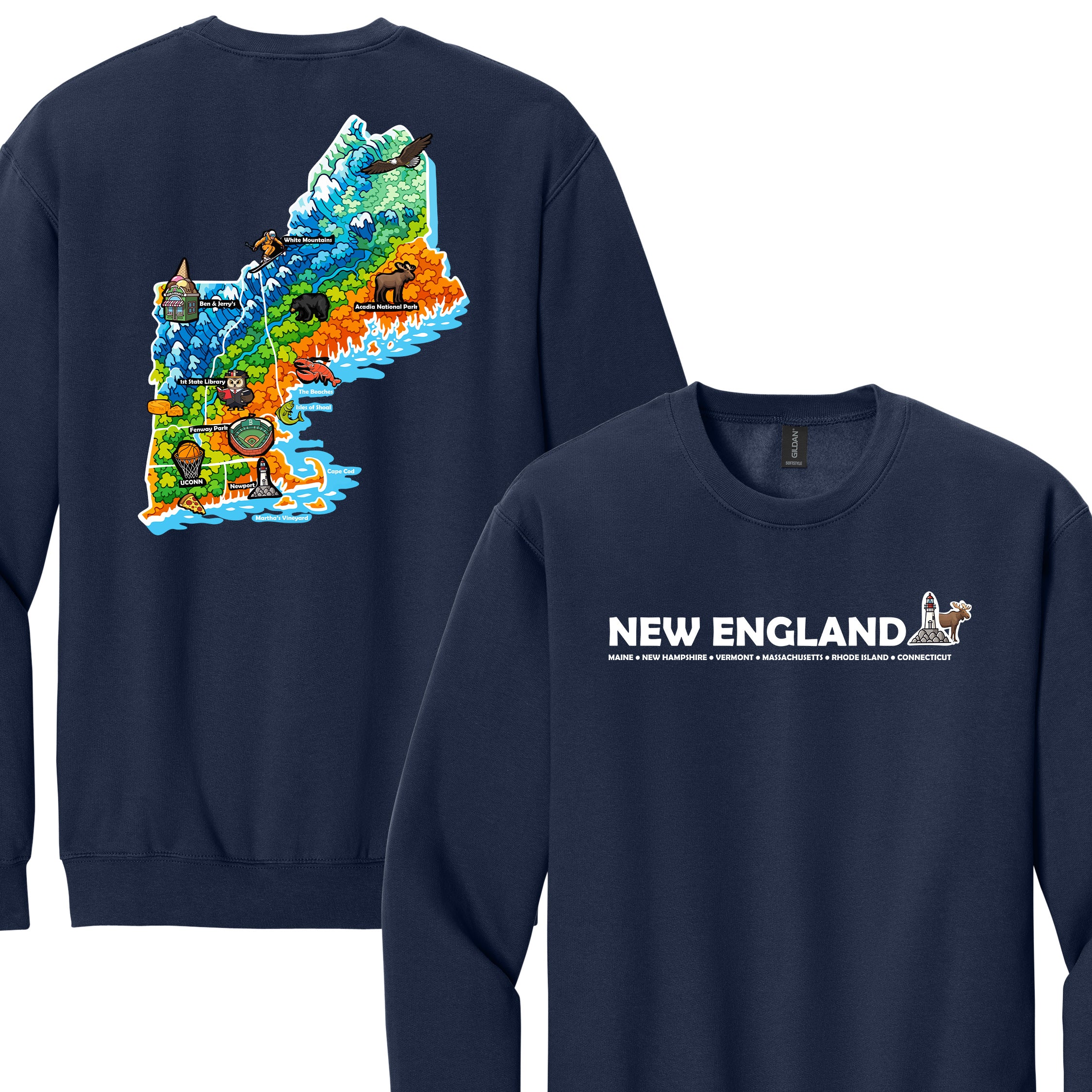 New England Map Crewneck — Regional Landmark Graphic Sweatshirt
