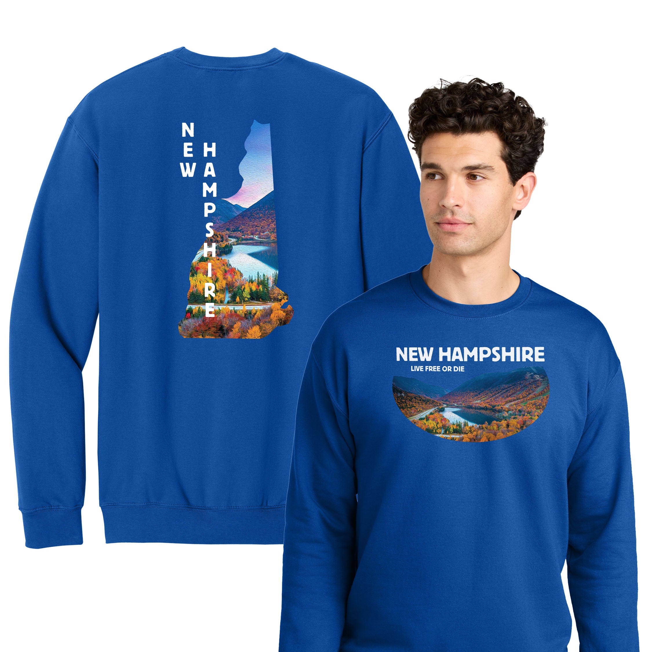Oil Painted New Hampshire Mountains Crew — Fall Scenic Crewneck Front + Back