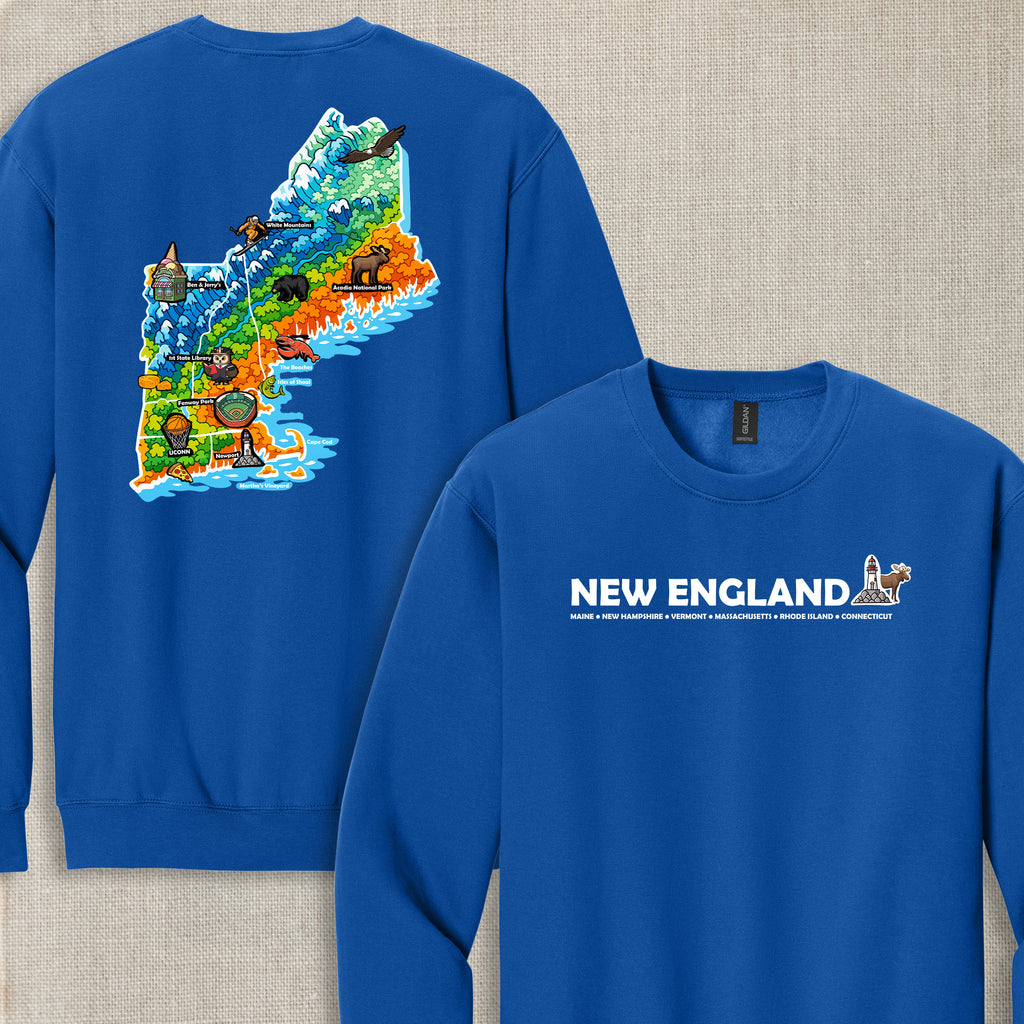 New England Map Crewneck — Regional Landmark Graphic Sweatshirt