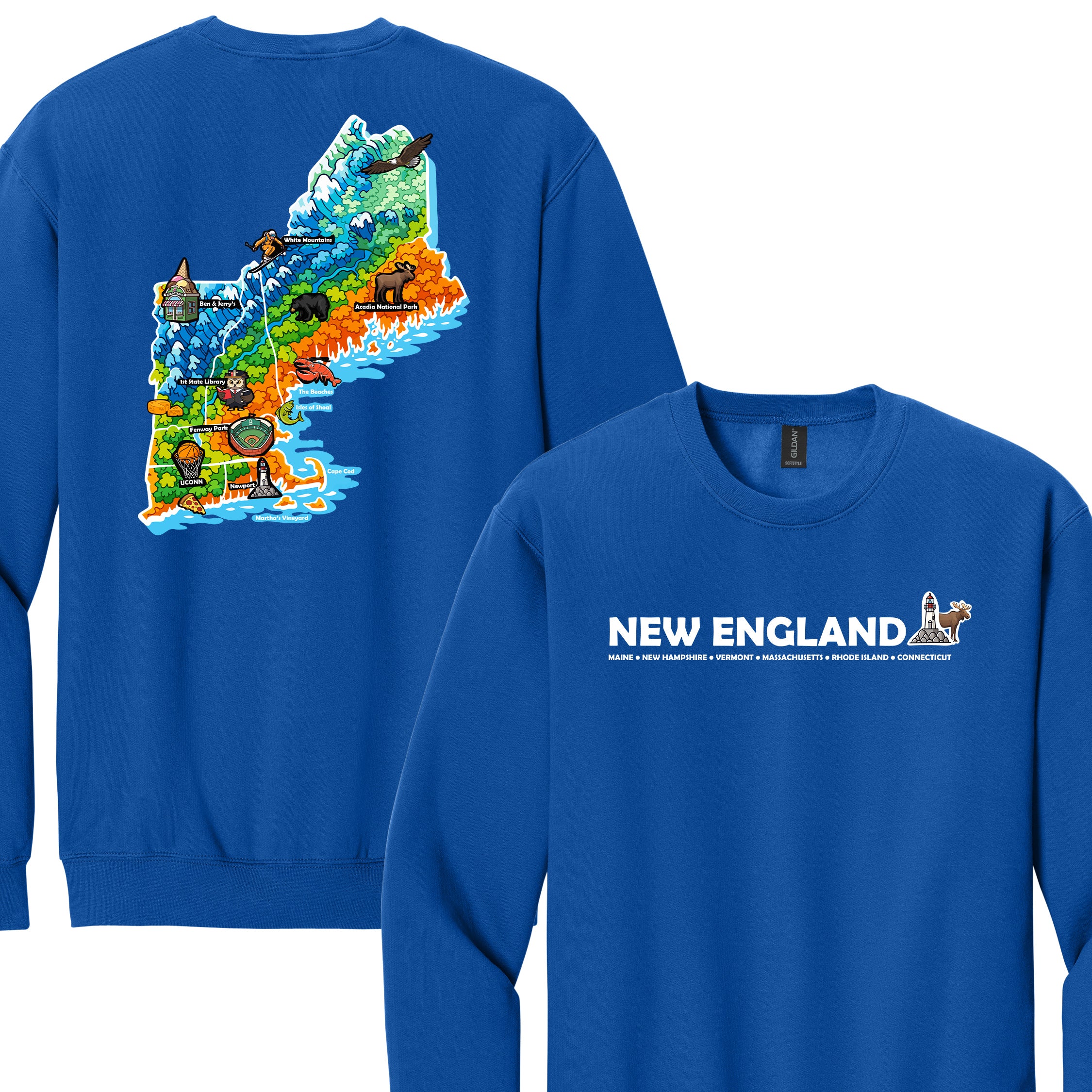 New England Map Crewneck — Regional Landmark Graphic Sweatshirt