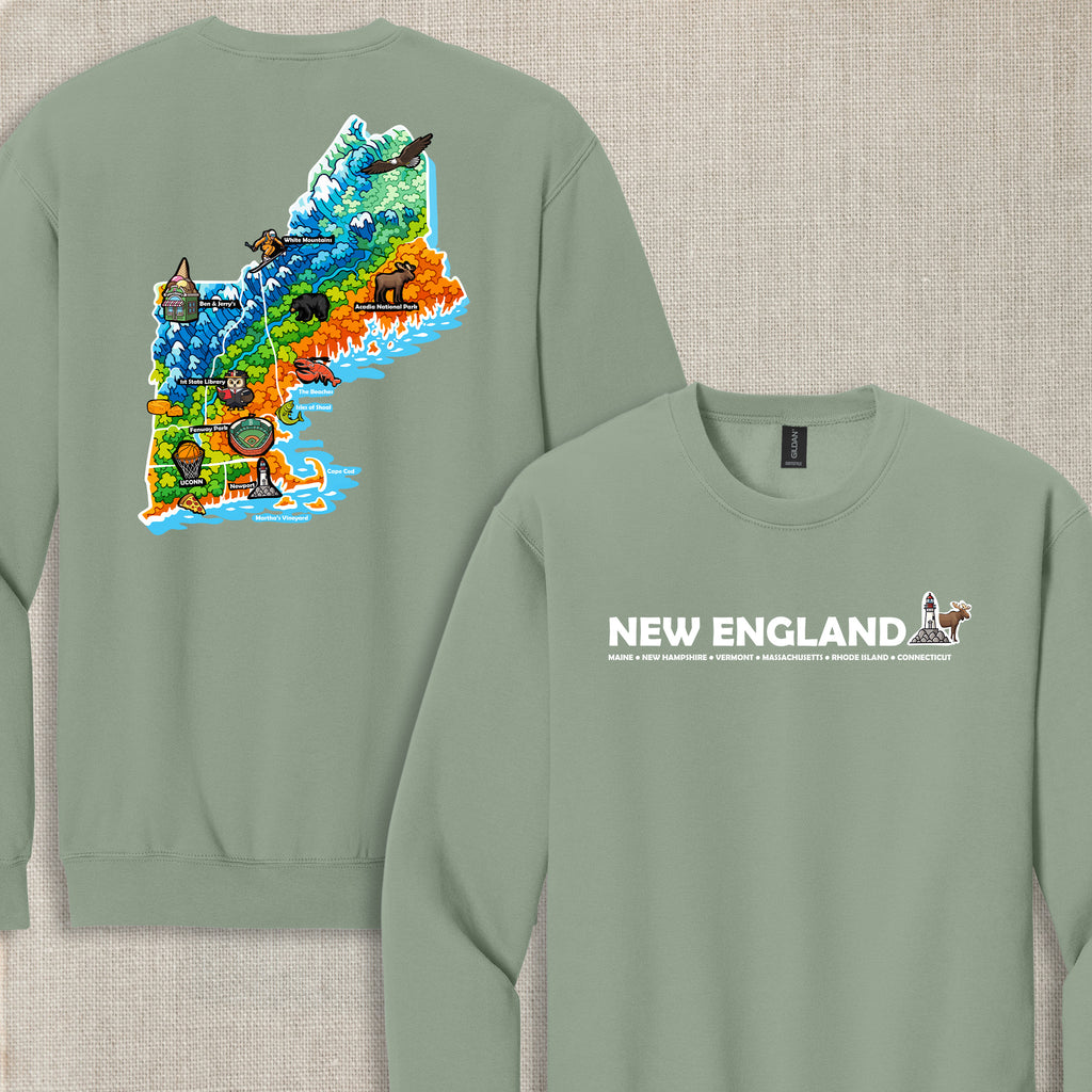 New England Map Crewneck — Regional Landmark Graphic Sweatshirt