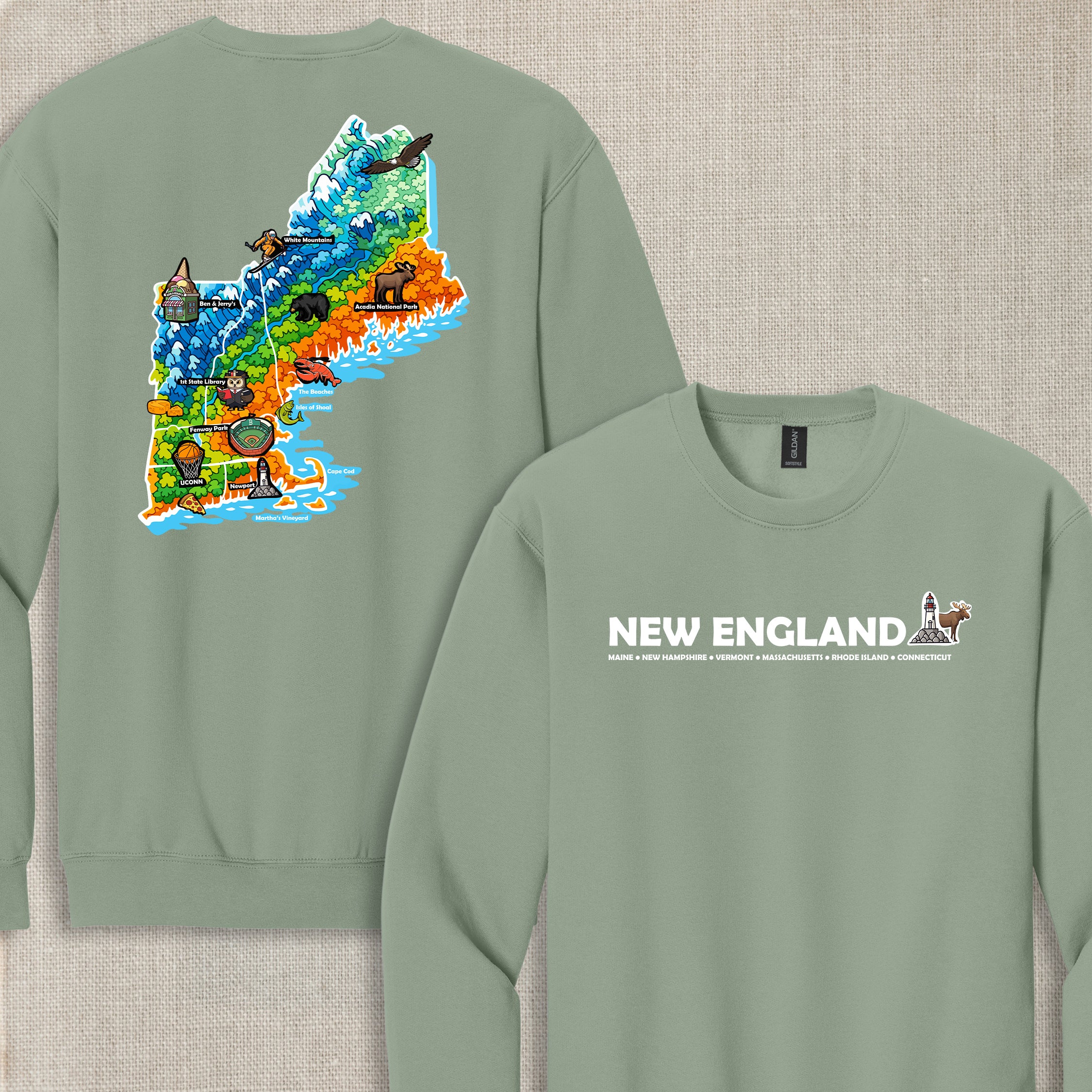New England Map Crewneck — Regional Landmark Graphic Sweatshirt