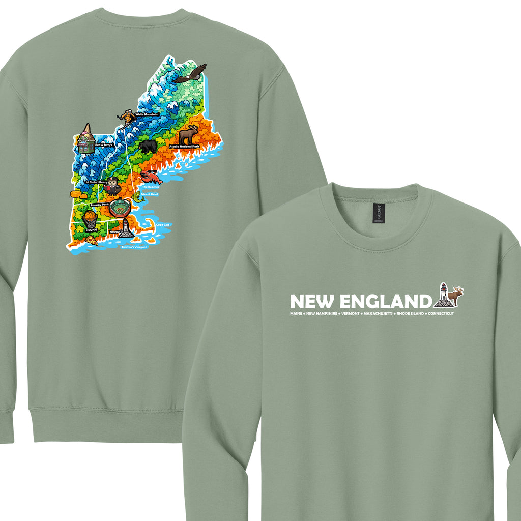 New England Map Crewneck — Regional Landmark Graphic Sweatshirt