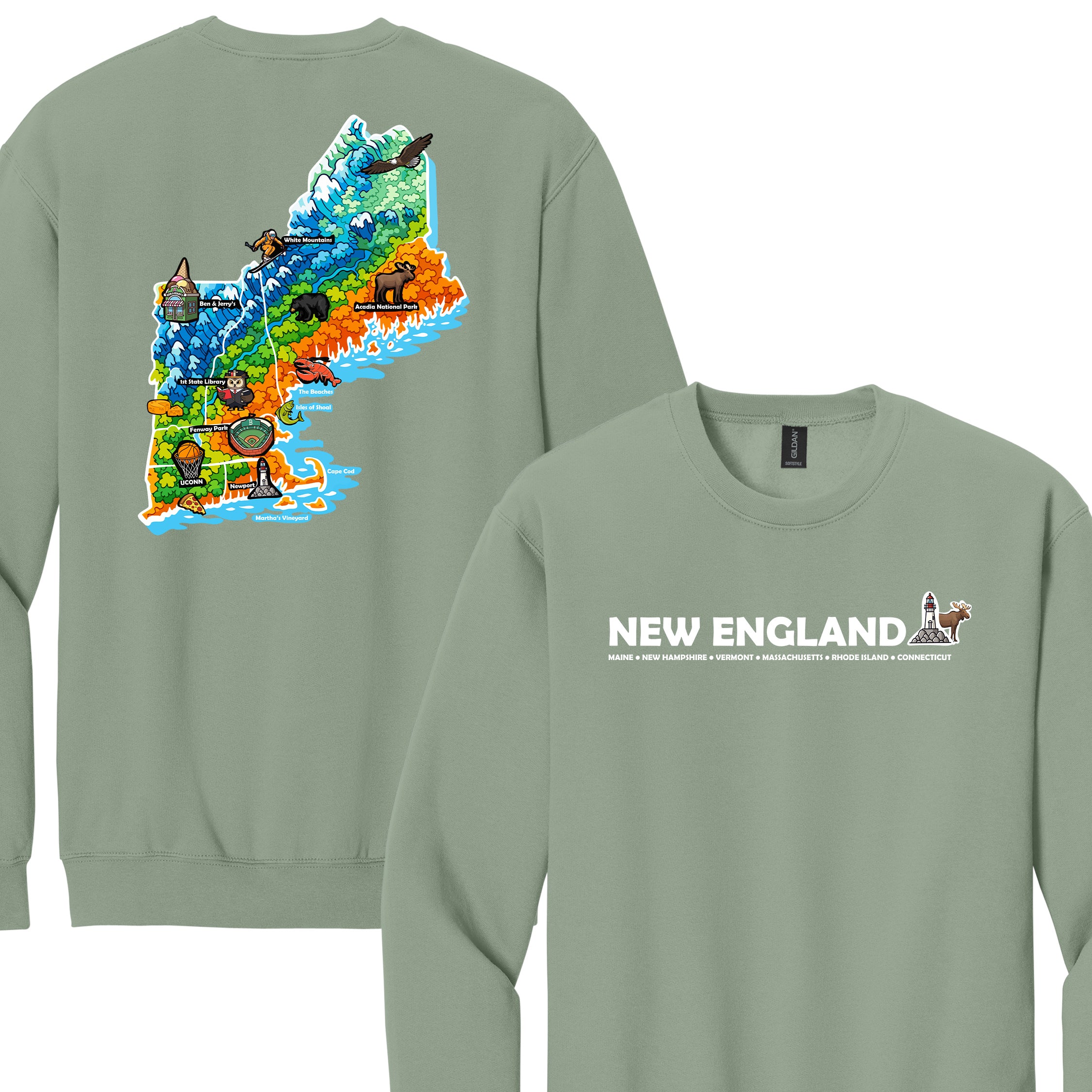 New England Map Crewneck — Regional Landmark Graphic Sweatshirt
